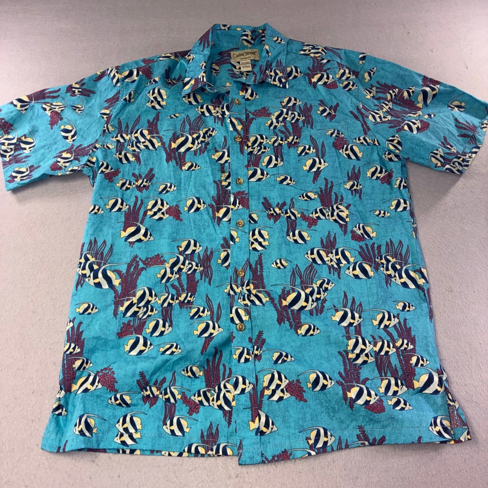 287 Cooke Street Button Down Shirt Mens Large Turquoise Fish Coral Aloha Cotton